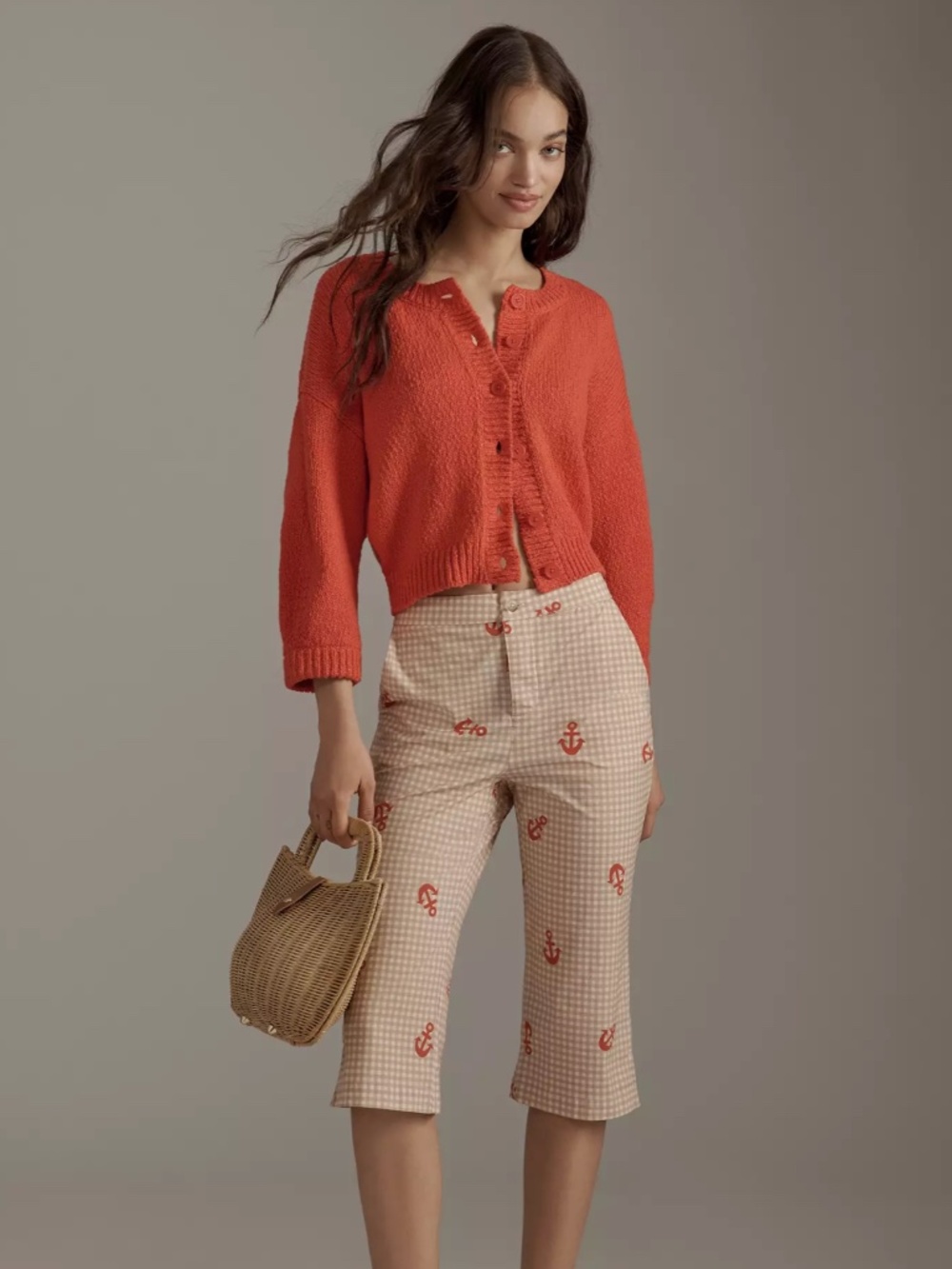 Maeve Elbow-Sleeve Cardigan Sweater, M, bright red